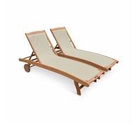 Bains de soleil en bois - Marbella Gris taupe - 2 transats en bois d'Eucalyptus huilé et textilène gris taupe