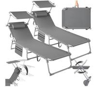 Bains de soleil - TECTAKE - Lot de 2 chaises longues transats CHLOÉ pliable, pare-soleil, appui-tête et pochette latérale - Gris