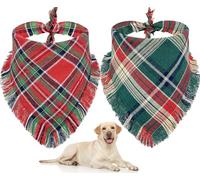 Baipesiy Lot de 2 bandanas de Noël pour chien à carreaux double face avec pompons, écharpe tartan en flanelle pour chien, bandanas écossais pour animaux de compagnie, accessoires d'hiver rouge et vert