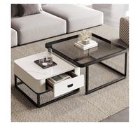 BAIRU Table à thé gigogne 2 pièces, Plateau en Verre trempé et marbre avec tiroirs de Rangement, for Salon, Bureau, Table à Bords carrés Noir et Blanc.(White Square)