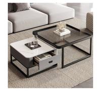 BAIRU Table à thé gigogne 2 pièces, Plateau en Verre trempé et marbre avec tiroirs de Rangement, for Salon, Bureau, Table à Bords carrés Noir et Blanc.(Grey Square)