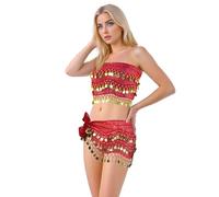 Baisdan 2 Pièces Ceinture Danse Orientale Femme, Jupe Danse Orientale et Foulard Danse Orientale avec Pièces d'or, Idéales pour Danse du Ventre, Zumba, Yoga Latin Rouge