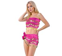 Baisdan 2 Pièces Ceinture Danse Orientale Femme, Jupe Danse Orientale et Foulard Danse Orientale avec Pièces d'or, Idéales pour Danse du Ventre, Zumba, Yoga Latin Rose Magenta