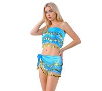 Baisdan 2 Pièces Ceinture Danse Orientale Femme, Jupe Danse Orientale et Foulard Danse Orientale avec Pièces d'or, Idéales pour Danse du Ventre, Zumba, Yoga Latin Bleu Clair