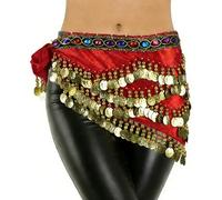 Baisdan Ceinture Danse Orientale Femme, Foulard Danse Orientale avec Pièces d'or et Strass Colorés, Accessoire pour Halloween Rose Rouge