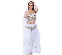 Baisdan Costume de danse orientale pour femme - Haut à paillettes - Jupe en mousseline de soie - Foulard - Ensemble de danse indienne - Carnaval -, blanc, Taille unique