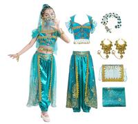 Baisdan Costume d'Halloween Aladdin pour fille - Déguisement de princesse Jasmine pour fête, danse du ventre - Costume de spectacle, tenue de costumade - Bleu