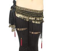 Baisdan Écharpe de danse du ventre, ceinture de danse du ventre tribale avec franges et pièces de monnaie en flanelle pour femmes et filles, Noir , Taille unique