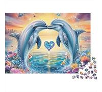Baiser de Dauphin Corail océan Puzzle 1000 Pièces Puzzle pour Adultes Coeur Coucher de Soleil Puzzle en Famille 38x26cm/1000pcs