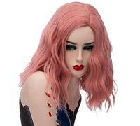 Baisheng Femmes Rose Rouge Perruque Halloween Costume Perruques Lady Cosplay Beau Sexy Wild Wig & Daily Naturel Longues Perruques Droites Avec Bangs Perruque (40CM-rose fumée)