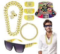 BAISHUWU Costume Hip Hop, 8 Pièces Accessoires de Rappeur, Ensemble d'accessoires hip hop, Déguisement Rappeur, costumes de proxénètes, pour Concerts de Rap, Ccostume de Proxénète, Déguisement Disco