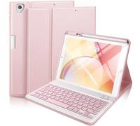 Baisla Étui avec clavier pour iPad 9{^>e<^} génération, iPad 8e/7e, résistant aux taches, amovible, sans fil, rainures réglables avec porte-crayon pour iPad Pro 10,5/Air 3e génération (rose)