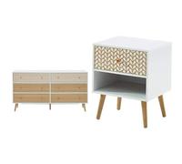BAÏTA Capucine Commode, L150cm & Table de Chevet Capucine Blanc et Effet chêne 40cm