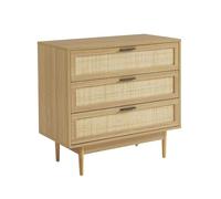 BAÏTA Commode Amana Effet chêne et cannage rotin 3 tiroirs 80cm
