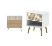BAÏTA - Commode Capucine Blanc et Effet chêne 78cm & Table de Chevet Capucine Blanc et Effet chêne 40cm