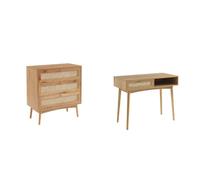 BAÏTA Commode INES Effet chêne et cannage rotin 3 tiroirs & Bureau INES Effet chêne et cannage rotin