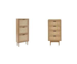 BAÏTA - Meuble à Chaussures Amana Effet chêne et cannage rotin 60cm & Chiffonnier Amana cannage rotin 4 tiroirs