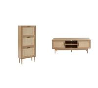 BAÏTA - Meuble à Chaussures Amana Effet chêne et cannage rotin 60cm & Meuble TV Amana