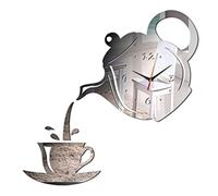 BaiWaNG Pendules Murales Tasse À Café Théière DIY Horloge Murale Creative 3D Horloges Murales Cuisine Acrylique Miroir Autocollant Décoratif Salon Décor À La Maison Horloge,Argent