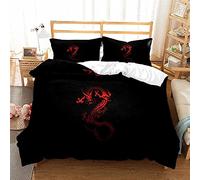 BAIXUEGONGZHU Parure de Couette 240x220 Dragon Rouge Noir Parure de lit, 110gsm Microfibre, avec Fermeture éclair Housse De Couette avec 2 Taies d'oreiller 65x65 cm