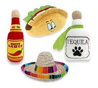 Baja Ponchos Fiesta Lot de 4 Jouets à mâcher pour Chien et ombrero - Jouets en Peluche mexicains - Cadeaux pour Chihuahuas - Taco, Tequila, Sauce piquante