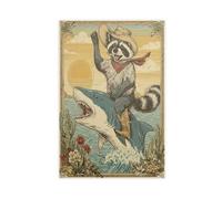 BAJHTGHG Poster sur toile Cowboy Raccoon Shark Ride Décoration de chambre à coucher 50 x 75 cm