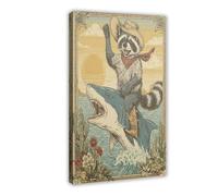 BAJHTGHG Poster sur toile Cowboy Raccoon Shark Ride pour décoration de chambre à coucher, cadeau 30 x 45 cm