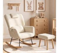 BAJKNIU Fauteuil à bascule avec repose-pieds, fauteuil d'allaitement (beige | Fauteuil simple en laine d'agneau avec coussin lombaire et coussin pour le cou, fauteuil de relaxation confortable pour