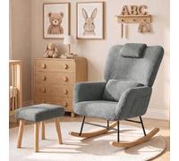 BAJKNIU Fauteuil à bascule avec repose-pieds, fauteuil d'allaitement (gris) | Fauteuil simple en laine d'agneau avec coussin lombaire et coussin pour le cou, fauteuil de relaxation confortable pour