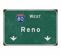 Bakaevsm Tin Sign Retro West Reno Interstate 80 Direction Direction Signal Airport Highway Feuille de fer Signe Bar Club Restaurant Décoration murale 16 x 12 pouces Cadeau