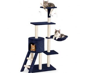 BAKAJI Arbre à Chat, 144 cm Arbre à Chat Griffoir, Tour d'escalade Stable à Plusieurs Niveaux pour Chat, Arbres d'activité pour Chat avec 7 poteaux en sisal, 5 Plates-Formes, 2 nids et escaliers,Bleu