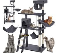 Bakaji Arbre griffoir pour Chats en Sisal et Peluche Aire de Jeux Chat avec Niche Suspendue Cachettes Poteaux Rayure et Plates-Formes Dimensions 142 x 74,5 x 40 cm (Gris)