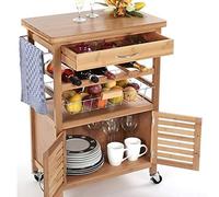 BAKAJI Bamboo Chariot de Cuisine en Bois avec Porte-Bouteille et Tiroir à Couverts, et Panier en Acier Inoxydable, Chariot de Service avec Roues Pivotantes