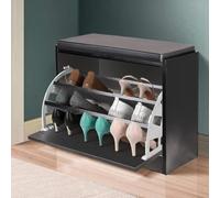 BAKAJI Banc à Chaussures pour Gain de Place en Bois, avec Porte à Rabat, Triple Profondeur et Assise en Simili-Cuir, Dimensions 60 x 30 x 48 cm (Noir)
