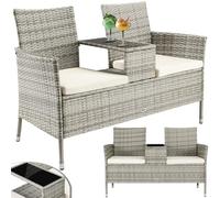 BAKAJI Banc de Jardin en polyrotin avec Table intégrée et Coussins, Banc 2 Places d'extérieur, résistant aux Rayons UV et aux intempéries, Banc canapé étagère en Verre 123 x 54 x 82,5 cm (Gris)