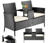 BAKAJI Banc de Jardin en polyrotin avec Table intégrée et Coussins, Banc 2 Places d'extérieur, résistant aux Rayons UV et aux intempéries, Banc canapé étagère en Verre 123 x 54 x 82,5 cm (Noir)