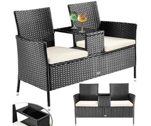 BAKAJI Banc de Jardin en polyrotin avec Table intégrée et Coussins, Banc 2 Places d'extérieur, résistant aux Rayons UV et aux intempéries, Banc canapé étagère en Verre 123 x 54 x 82,5 cm (Noir)