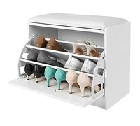 BAKAJI Banc de Rangement à Chaussures en Bois avec Porte à Rabat, Triple Profondeur et Assise en Simili Cuir, Coffre Dimensions 60 x 30 x 48 cm (Blanc)