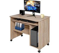 BAKAJI Bureau avec Support pour Clavier Amovible, étagère inférieure et Compartiment pour Ordinateur Portable, en Bois MDF, avec 4 Roues, ameublement, Maison, Bureau, Chambre, Moderne (chêne)