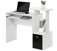 BAKAJI Bureau avec tiroir en Tissu, étagère supérieure, bibliothèque et Support pour Clavier, Amovible, pour Ordinateur Portable, en Bois MDF, pour Maison, Bureau, Chambre (Blanc)
