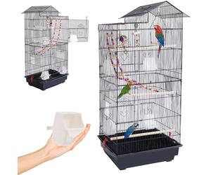 BAKAJI Cage volière pour Oiseaux, perroquets inséparables, calopsite, perruches, volatiles, en métal et Bois Noir avec Jouets, Accessoires, Cage avec échelle et bac Amovible