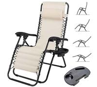 BAKAJI Chaise gravité Zéro Chaise de Jardin Fauteuil Relax Pliable Gain de Place avec Plateau tubulaires en Acier 22 mm inclinable Tissu Texilene Respirant terrasse Piscine extérieure (Beige)