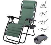 BAKAJI Chaise Longue Transat Jardin Plein Air, Transat de Plage Pliable, Bain de Soleil avec Repose-tête, d’accoudoirs Réglables, Chaise de Camping Gravité Zéro en Oxford (Vert averc Plateau)