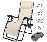 BAKAJI Chaise Longue Transat Jardin Plein Air, Transat de Plage Pliable, Bain de Soleil avec Repose-tête, d’accoudoirs Réglables, Chaise de Camping Gravité Zéro en Oxford (Beige avec Plateau)