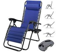 BAKAJI Chaise Longue Transat Jardin Plein Air, Transat de Plage Pliable, Bain de Soleil avec Repose-tête, d’accoudoirs Réglables, Chaise de Camping Gravité Zéro en Oxford (Bleu avec Plateau)