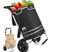 BAKAJI Chariot à courses 3 en 1 pliable sac de 56 litres, chariot à main porte-courses et porte-bagages de 30 kg avec poignée ergonomique, roues et bandoulière, chariot économise de l'espace (Noir)
