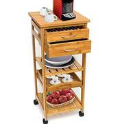 Bakaji Chariot cuisine multi-usages en bois de bambou 3 étagères avec plan Plateau amovible 2 tiroirs avec range couverts Porte-capsules