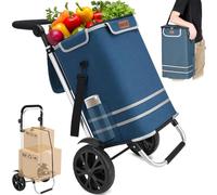 BAKAJI Chariot de courses 3 en 1 pliable sac de 56 litres, chariot à main porte-courses et porte-bagages de 30 kg avec poignée ergonomique, roues et bandoulière, chariot peu encombrant (bleu)