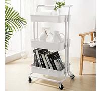 BAKAJI Chariot de Cuisine en métal à 3 étages et 4 Roues pivotantes à 360 degrés avec Frein Multi-Usage, Gain de Place pour Maison, Cuisine, Dimensions 32,5 x 75 x 25 cm, Design Moderne (Blanc)