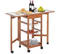 BAKAJI Chariot de Cuisine Extensible avec Dessus carrelé, Pliable, Gain de Place, en Bois de pin, avec 3 paniers à Fruits en Acier, tiroir à Couverts et 6 Roues pivotantes